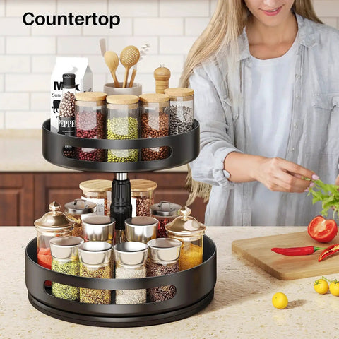 Two Tier Height Adjustable Lazy Susan Spice Rack For Cabinet And Countertop, Metal Turntable Organizer on kitchen counter