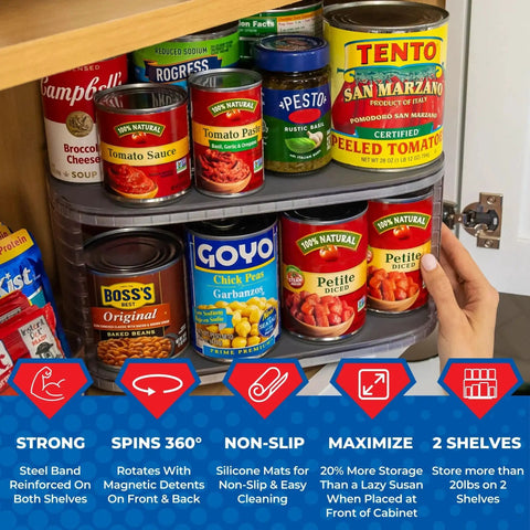 Two-Tier Kitchen Rotating Canned Goods Organizer With Turntable in pantry with cans and bonus bins