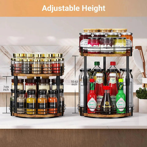 Two Tier Rotating Spice Organizer Turntable For Kitchen Cabinets Countertops And Pantries Height Adjustable Shelves with bottles