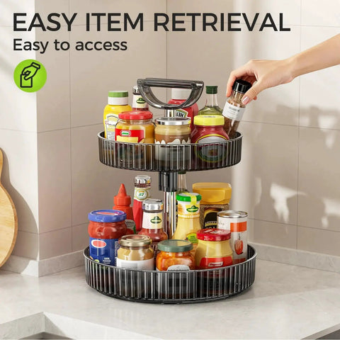 Two Tier Rotating Spice Rack Turntable For Kitchen Cabinet Pantry And Countertop with jars and bottles, on a kitchen counter