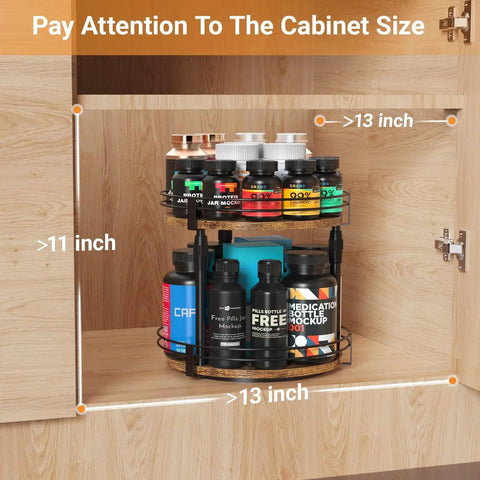 Two Tier Rotating Spice Organizer Turntable in cabinet with various spice bottles, showing dimensions and storage capacity.
