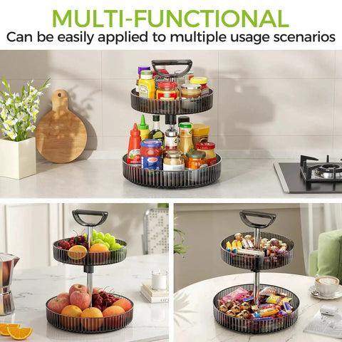 Two Tier Rotating Spice Rack Turntable For Kitchen Cabinet Pantry And Countertop with assorted condiments and snacks