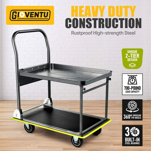 Heavy Duty Push Cart Dolly With 700 Pound Capacity Foldable Steel Two Tier Platform Hand Truck with wheels
