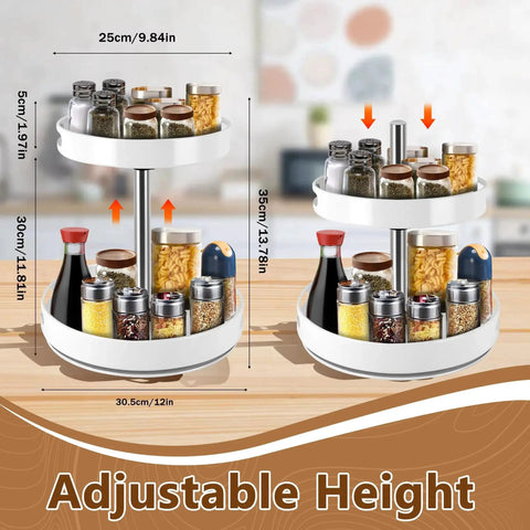 Two Tier Lazy Susan Turntable Spice Rack With Rotating Organizer And Adjustable Height, 12 Inch, White, for Kitchen Countertop