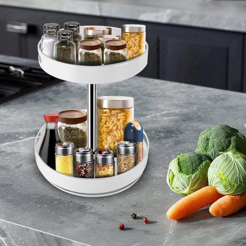 Two Tier Lazy Susan Turntable Spice Rack With Rotating Organizer And Adjustable Height on kitchen counter with spices