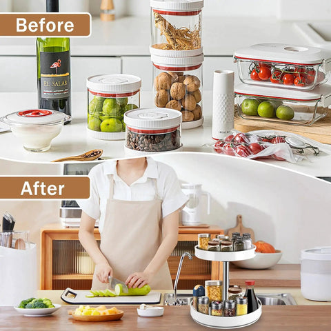Two Tier Lazy Susan Turntable Spice Rack with organizer on kitchen counter for efficient storage and reduced clutter.