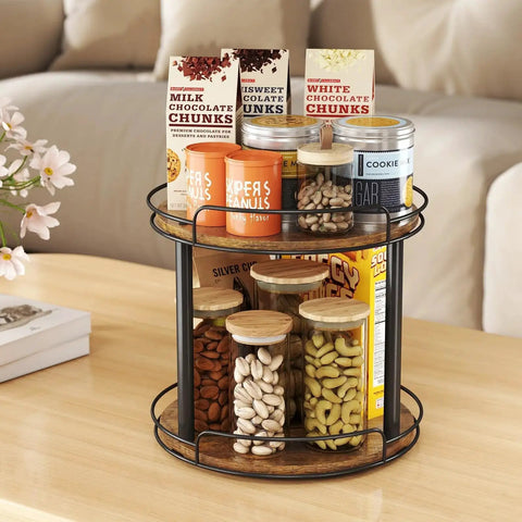 12.2 Inch Wood Lazy Susan Turntable Organizer With Two Tiers For Cabinet Kitchen Countertop Pantry And Bathroom Storage Space Saving Spice Rack For Tabletop And Shelves showcasing jars and snacks.