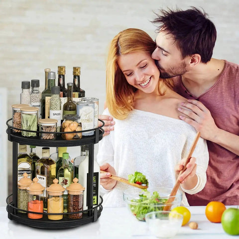 Two Tier Wooden Lazy Susan Spice Rack With 360 Degree Rotation For Cabinet, filled with spices, cans, kitchen setting, black finish