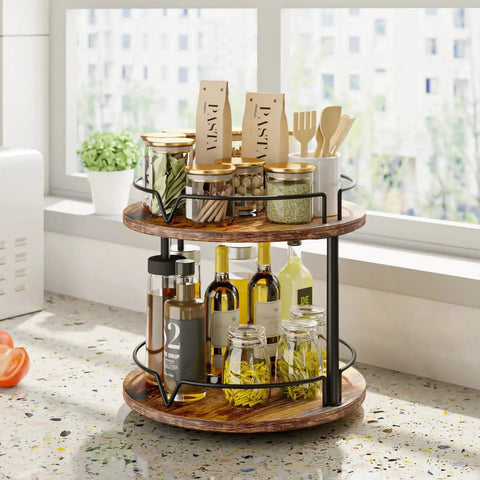 12 Inch Wood Lazy Susan Two Tier Rotating Spice Rack Turntable Organizer on kitchen countertop, holding spices and condiments, rustic brown.
