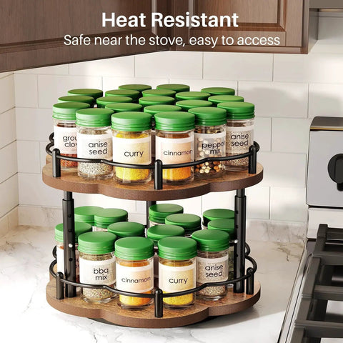 Two Tier Wood Lazy Susan Spice Rack Organizer With 360 Degree Rotating Turntable full of spice jars on kitchen counter