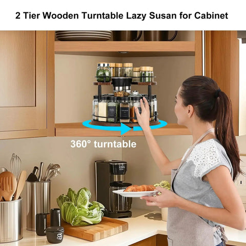 Two Tier Wooden Spinning Lazy Susan Spice Rack With U Shape Design for tall and short bottles in kitchen cabinet