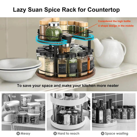 Two Tier Wooden Spinning Lazy Susan Spice Rack With U Shape Design for Tall and Short Bottles on Kitchen Counter