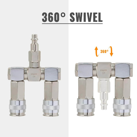 Two Way Air Hose Splitter With 1/4 Inch Quick Connect Fittings, Turns One Line Into Two With 2 Universal Couplers And Industrial Air Plug, Built Tough, 360 Degree Swivel Manifold Connector, Compatible With M Style, A Style And T Style Plugs shown in silver with swivel right view.