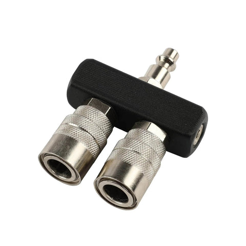 Two Way Straight Air Manifold Splitter With Dual One Quarter Inch Quick Connect Couplers And One Quarter Inch NPT Male Plug Aluminum Body