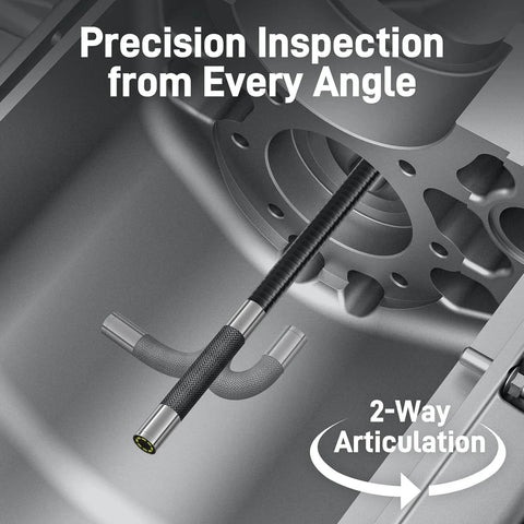 Two-Way Articulating Borescope with Light inspecting engine block, showing flexible probe and 2-way articulation for precision inspection.