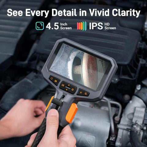 Two-Way Articulating Borescope with Light showing engine close-up on 4.5-inch IPS screen, ideal for detailed inspections