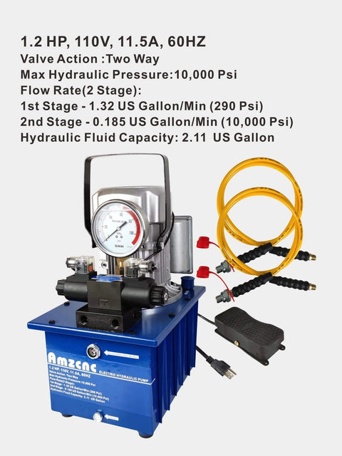 AMZCNC Two Way Electric Hydraulic Pump 10,000 PSI, 110–120V Power Pack with hoses and control pedal