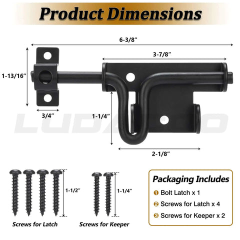 Two Way Slide Bolt Gate Latch Door Lock with dimensions and included screws; black durable gate hardware for fences and barns.