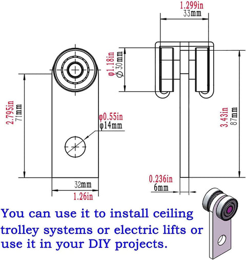 Technical drawing of 2 Wheel Trolley Assembly Stable Welded Roller Design for 1-5/8 Inch Strut Channels with dimensions and text use info.