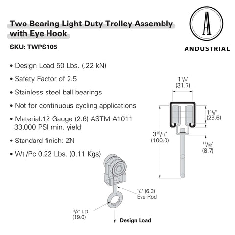 Diagram of 2 Wheels Trolley Assembly Rollers with Eye Hook Loop Silver Electro Galvanized Zinc Finish