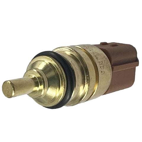 Coolant temperature sensor with brass body, black O-ring, and brown plastic connector.