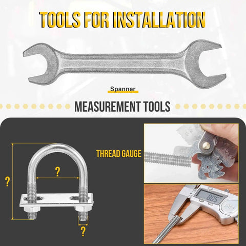 Premium 304 stainless steel U bolt kit with nuts, washers and frame plate illustration and installation tools