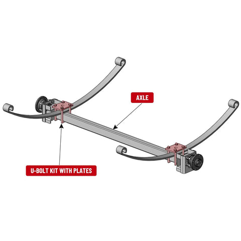 Diagram of heavy-duty 1/2 inch U bolts, 6 5/16 inch long, designed for 2x3 boat trailer axles and leaf springs; zinc-coated installation.