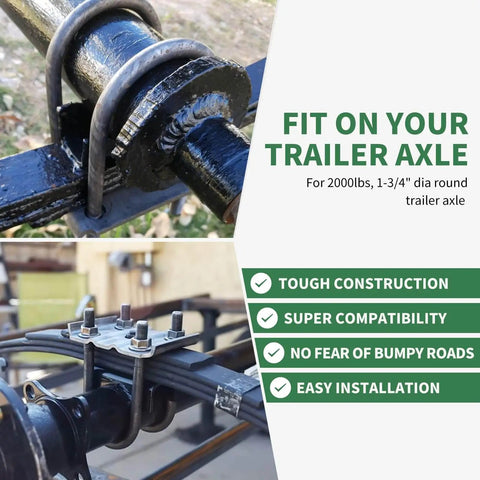 Durable rust resistant U bolt kit for 2000 lb trailer axles fits 1-3/4 inch round axles shown installed on trailer axle with tie plates.