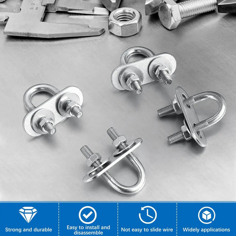 Complete 16-piece U-bolt kit with M6 zinc plated round bends, plates, nuts and washers displayed on metal surface