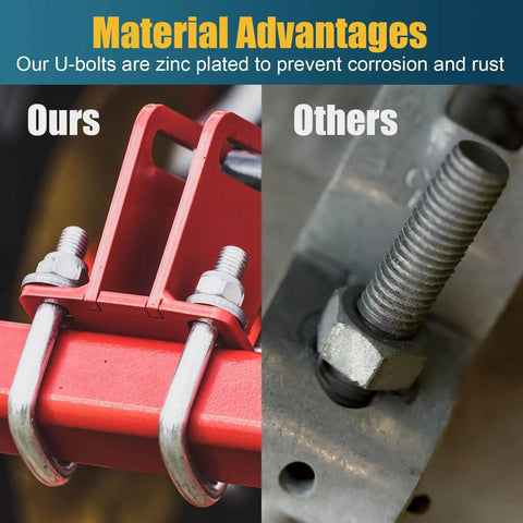Comparison of Two Sets M8 U Bolts With Washers And Nuts Two Inch Wide Heavy Duty Galvanized Carbon Steel Round U Bolts For Trailers Boats Ski Boats And Fishing Boats Replacement Parts And Accessories on red and gray surfaces, highlighting zinc plating advantages