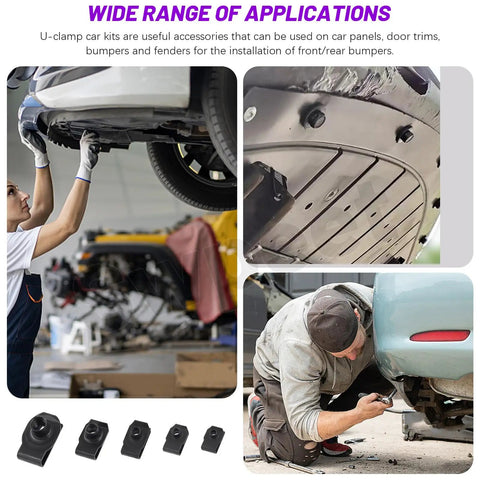 Mechanics installing heavy duty car U clip kit 50 pieces M4 M5 M6 M8 M10 on vehicle's trim panels
