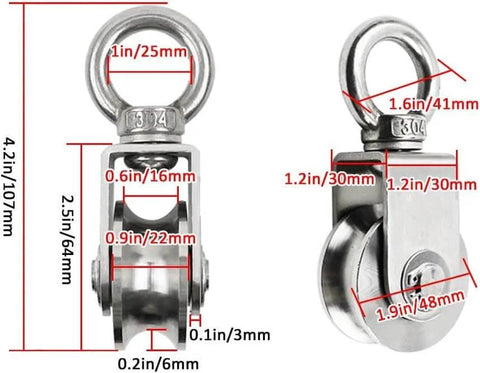 2pcs U-Groove Caster Wheel,Heavy Duty Sheaves Track Pulley,304 Stainless Steel Directional Roller,360° Rotating Ring dimensions