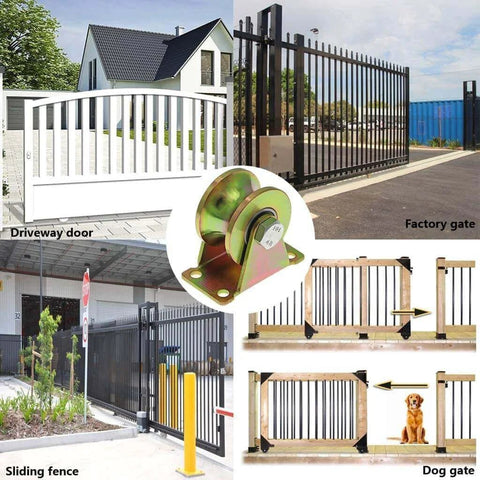 Collage of 3-Inch U-Groove Caster Wheels with Bracket - Load Capacity 1102lbs used on driveway door, factory gate, sliding fence, dog gate