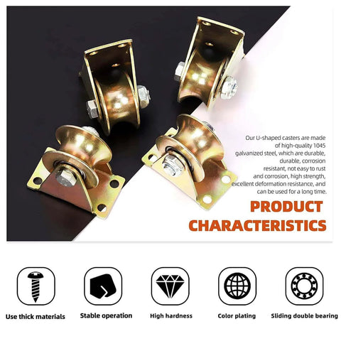 3-Inch U-Groove Caster Wheels with Bracket - Load Capacity 1102lbs displayed with product features and characteristics list