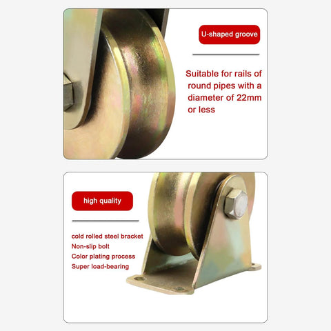 Close-up of heavy-duty U-groove track wheel, steel material, supporting up to 2205 lbs. Ideal for sliding gates, wire rope rail.