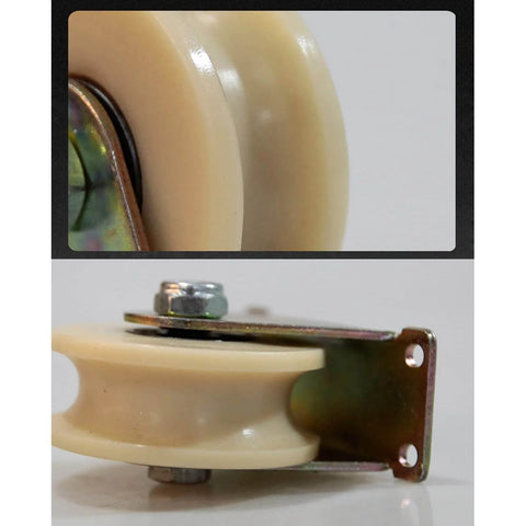 U-Groove Wheel Heavy Duty Nylon Caster for Sliding Door Pulley in close-up view, steel bracket, 3in size for Inverted Track usage