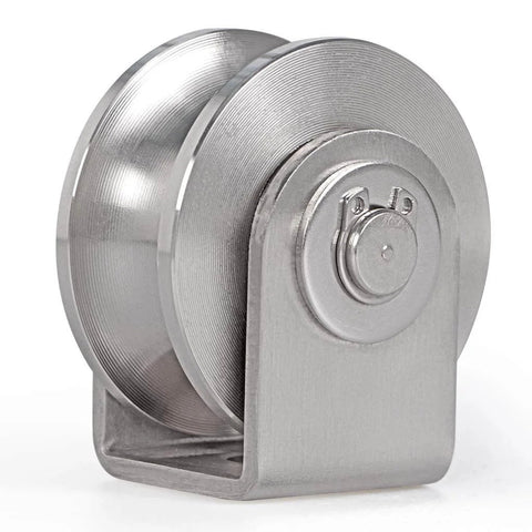U Groove Pulley Block 2", 304 Stainless Steel Pulley Roller with Duplex Bearing, close-up view showing single wheel design.