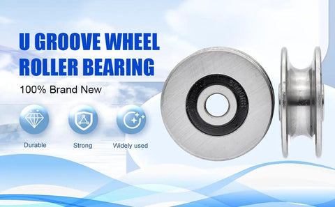 Stainless Steel Deep U Groove Ball Bearings Pulley Metal Pulley Wheel Bearings Wheel Wire Rope Pulley for Lifting Guide, 8mm/0.3" Inner Dia, shown with front and side view.