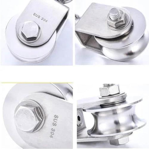 Close-up of 2pcs U-Groove Caster Wheel,Heavy Duty Sheaves Track Pulley,304 Stainless Steel Directional Roller parts and bolts.