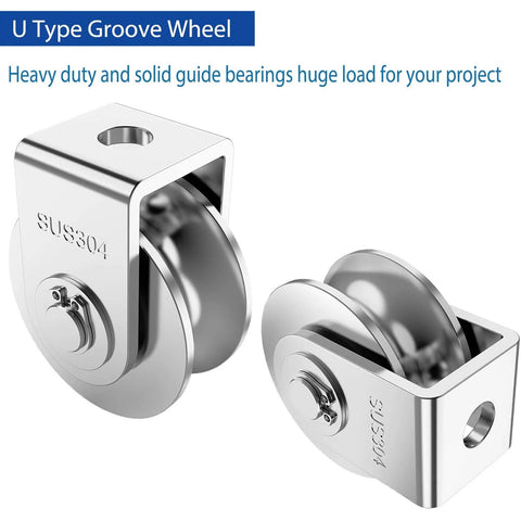 2 Pack 2 Inch Pulley Block U Grooved Wheel Pulley, 304 Stainless Steel Pulley Roller, Heavy Duty Caster Wheels