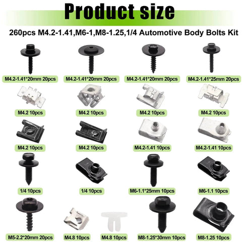 260Pcs U Nut Clips And Automotive Body Bolts Kit For Fender Engine Undertray Bumper And Wheel Arch Covers, product size display