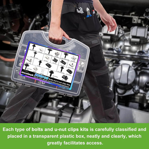 Person holding a case of 260Pcs U Nut Clips And Automotive Body Bolts Kit for fender engine undertray bumper and wheel arch covers.