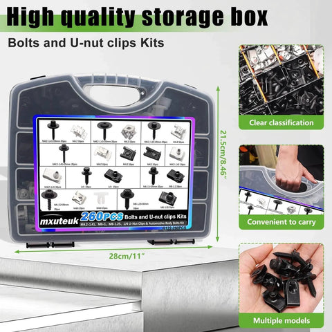260Pcs U Nut Clips And Automotive Body Bolts Kit storage box, organized with dimensions, hand carrying kit, assorted fastener types shown
