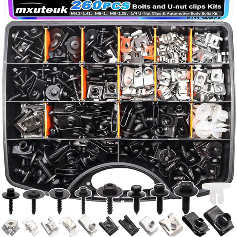 260Pcs U Nut Clips And Automotive Body Bolts Kit For Fender Engine Undertray with assorted nuts and bolts in a plastic case