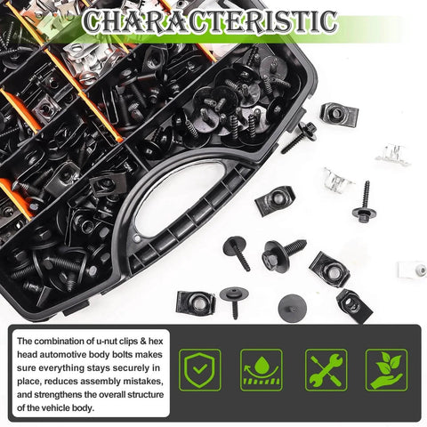 260Pcs U Nut Clips And Automotive Body Bolts Kit for Fender Engine Undertray Bumper with various sizes and packaging