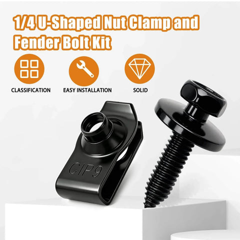 Close-up of 1/4 U-nut clip and fender bolt from 50Pcs 1/4 U Nut Clips And Fender Bolts Kit For Automotive Body Fasteners Engine Cover And Splash Shield.