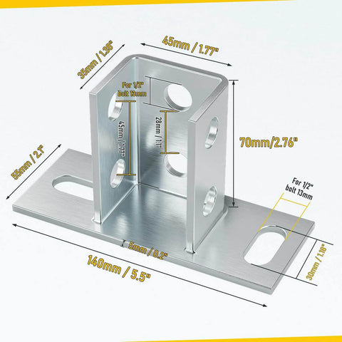 Four-pack U post base brackets for 1-5/8 inch strut channel provide secure floor ground mounting with galvanized carbon steel construction and a 220 lb load rating per base, ideal for durable outdoor or industrial setups. Display of dimensions and bolt specifications on galvanized U post base bracket.