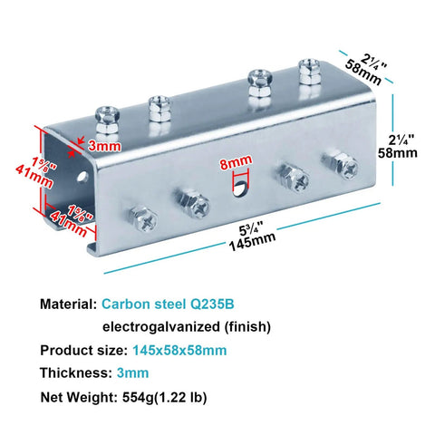 U shaped splice fitting for 1-5/8 inch strut channels, built from 11 gauge electrogalvanized steel for strong, corrosion resistant connections with smooth edges, enabling quick, safe, burr free assemblies, front view with dimensions.