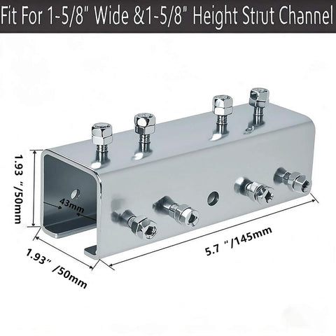 Front view of Heavy Duty 3.1mm Thick Steel U Shaped Strut Channel Connector Extend Bracket For One And Five Eighths Inch Wide And One And Five Eighths Inch High Channel, showing nuts and bolts.