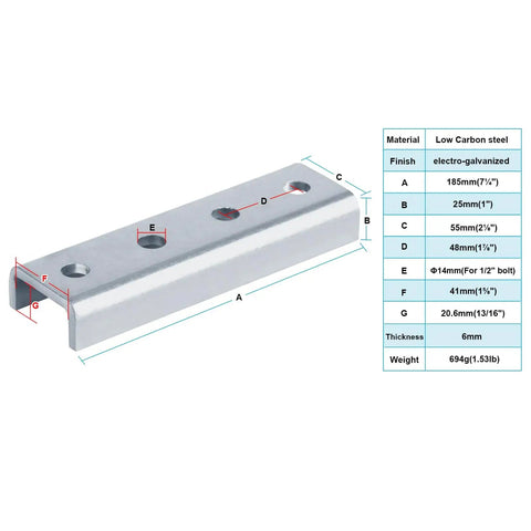 Two Pack U Shaped Strut Channel Splice Brackets External Couplers For Thirteen Sixteenth Inch Strut Channel 3 Gauge Steel Electrogalvanized Finish Ideal For Quick And Strong Channel Connections In Industrial Shelving And Electrical Mounting with dimensions diagram